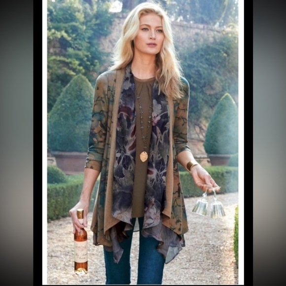 Soft Surroundings Sweaters - SOFT SURROUNDINGS Cardigan Tea Garden Topper Bird Koi Lagenlook Artsy Small